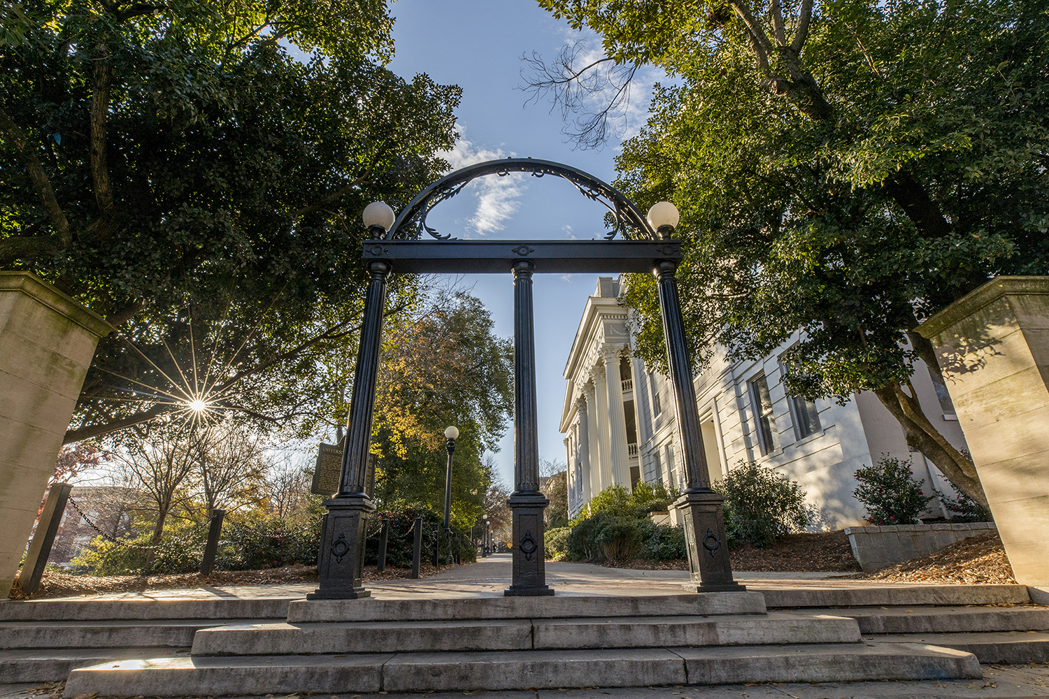 Photo of the UGA Arch with green trees surrounding it and a sunburst. 