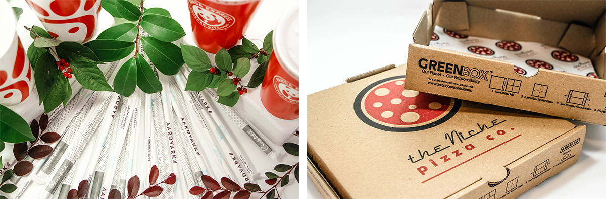 (left) Photo of compostable straws and paper drink items with leaves. (right) Niche Pizza Co cardboard boxes.