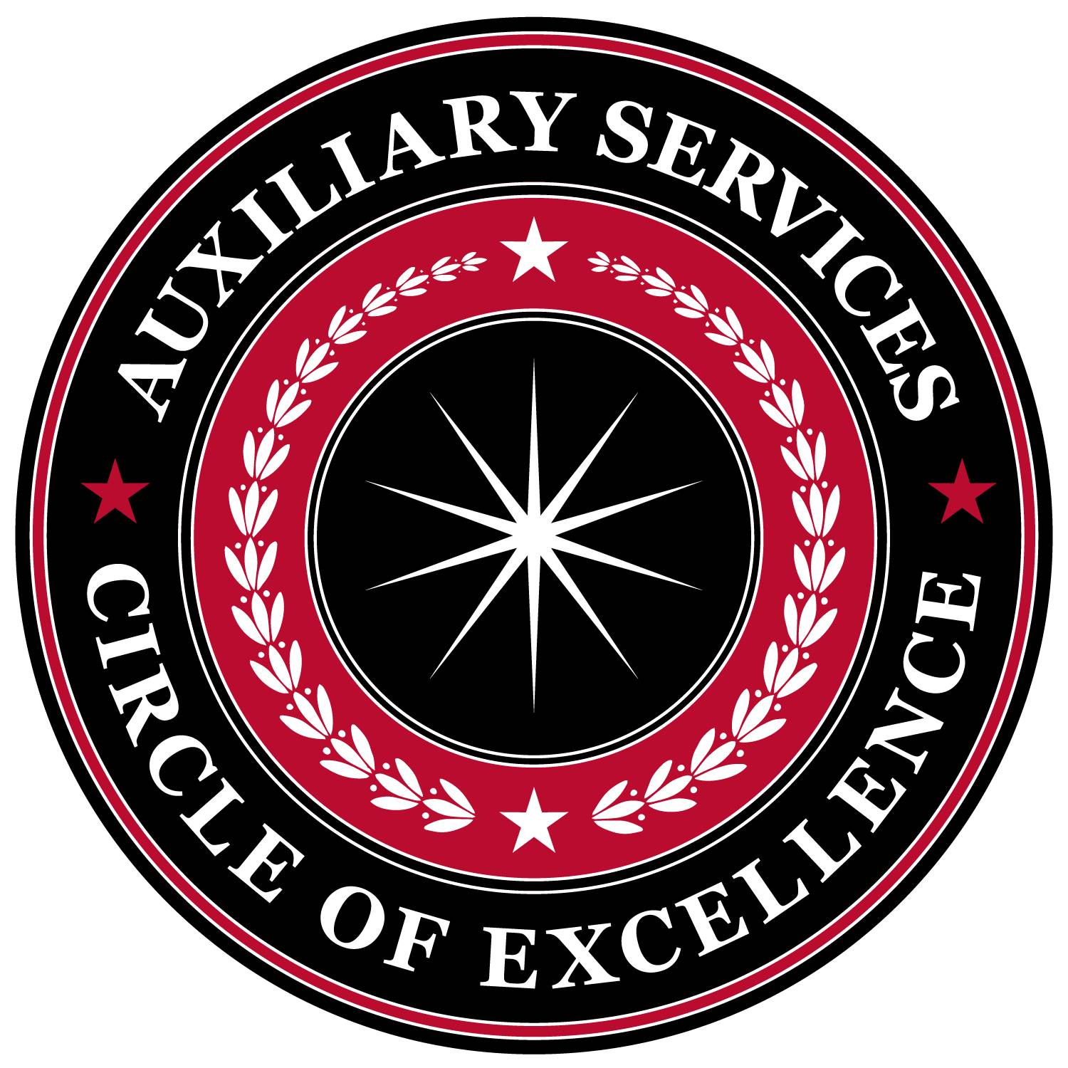 A circular, red and black graphic resembling a seal with text that reads, "AUXILIARY SERVICES CIRCLE OF EXCELLENCE."
