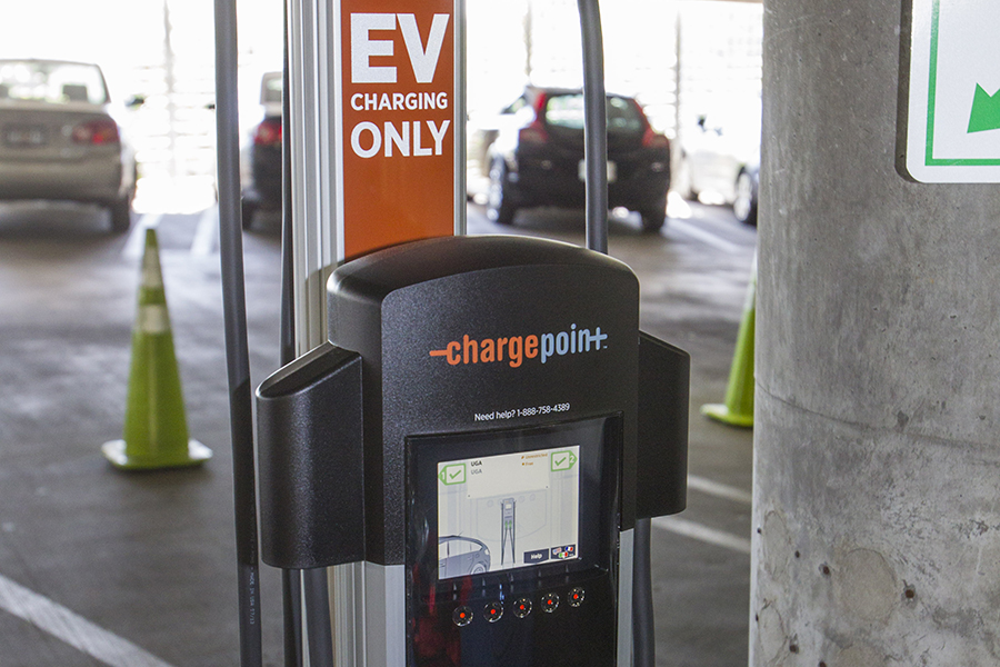 Image of a EV Charging Station in a parking deck.