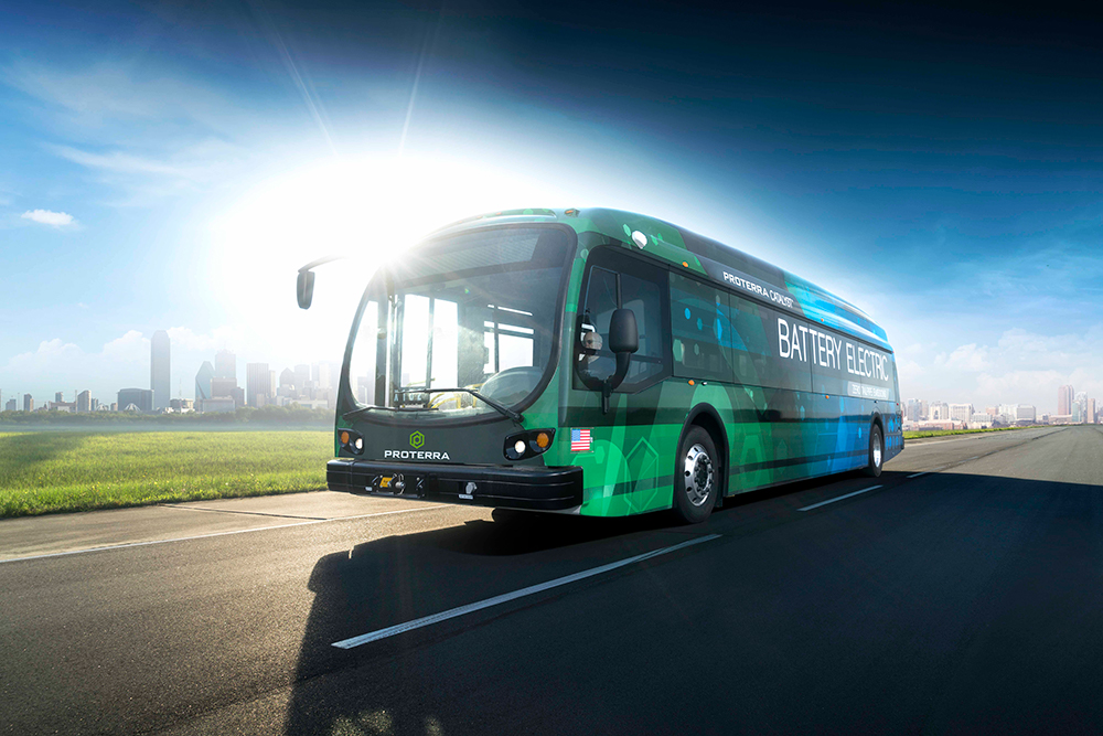 Proterra bus on the highway, corporate image.