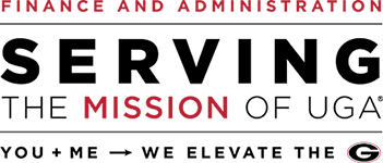 Graphic reading Finance and Administration, Serving the Mission of UGA, You + Me = We Elevate the G