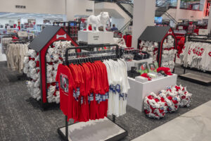 T-shirts and plushes of bulldogs in a bookstore