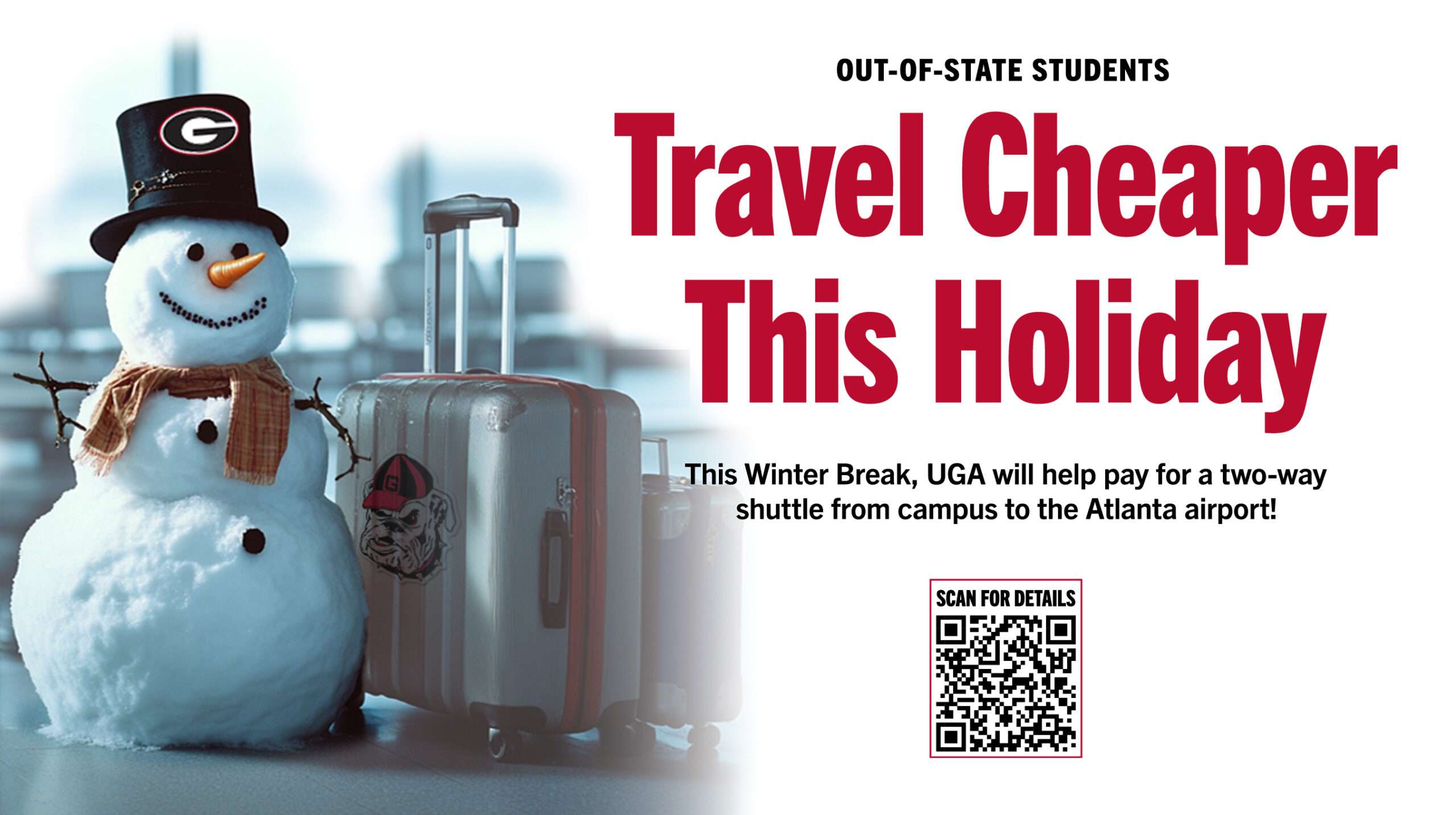 Snowman with UGA luggage at the airport