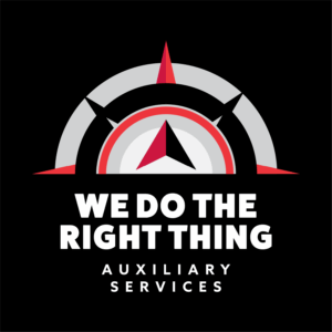 Text graphic with a stylized compass and text that reads "we do the right thing, auxiliary services."